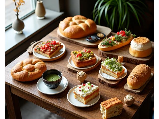 Komeko Ovenの豪華なケータリングサービス。様々なパン、ペストリー、サンドイッチが美しく並べられたテーブル。